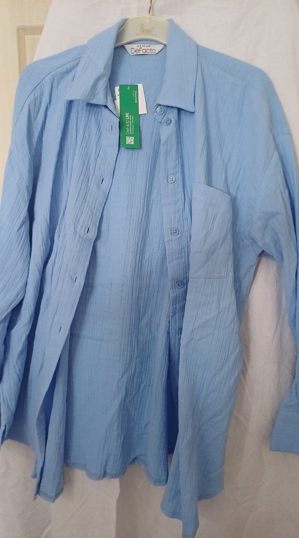 Mavi Keten Kadın Gömlek, Düğmeli, Uzun Kollu - Görsel 3