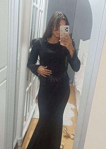 Siyah Uzun Kollu Kürklü Gotik Abiye