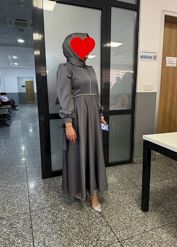 Abiye Gri Uzun Kol Detaylı Kadın Elbise