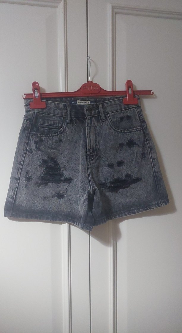 pull&bear Gri Tie-Dye Mini Denim Şort - Görsel 2