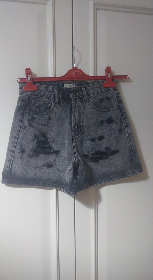 pull&bear Gri Tie-Dye Mini Denim Şort - Görsel 3