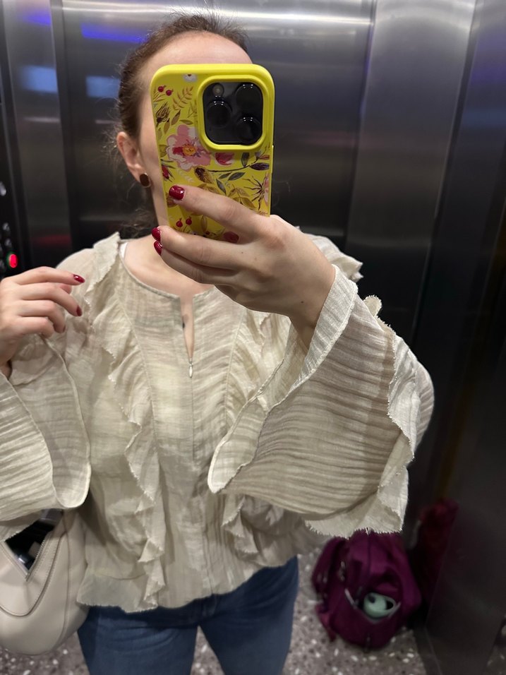 Massimo dutti Bej Keten Fırfırlı Bohem Kadın Bluz - Görsel 3