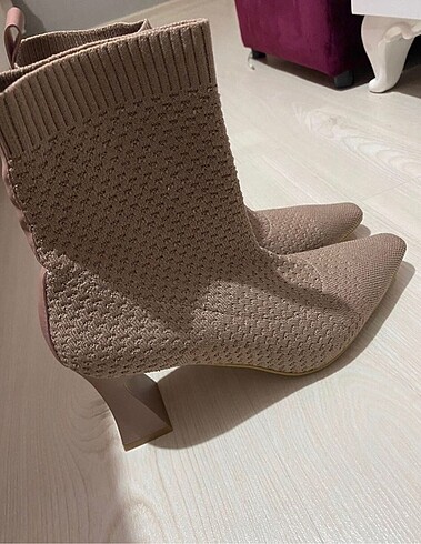 Selin shoes pudra triko bot şampanya topuk