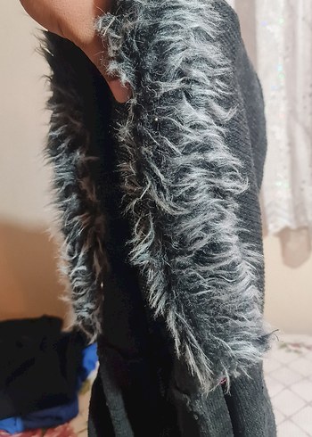 Gri Uzun Yün Kadın Hırka - Görsel 6