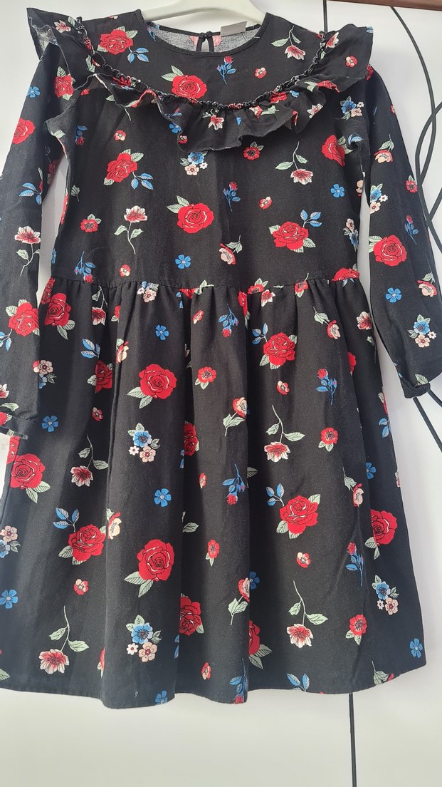 Çiçek Desenli Uzun Kollu Fırfırlı Kız Elbisesi - Görsel 2