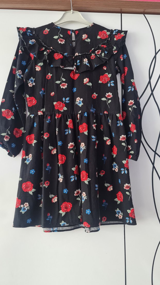 Çiçek Desenli Uzun Kollu Fırfırlı Kız Elbisesi - Görsel 3