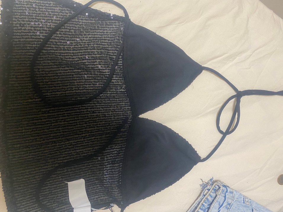 Siyah Payetli Mini V Yaka bluz boyundan bağlamalı - Görsel 2