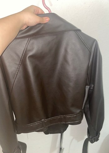 Kadın acı kahve  Kemerli Deri Ceket - Görsel 4