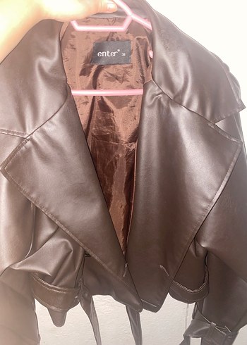 Kadın acı kahve  Kemerli Deri Ceket - Görsel 3