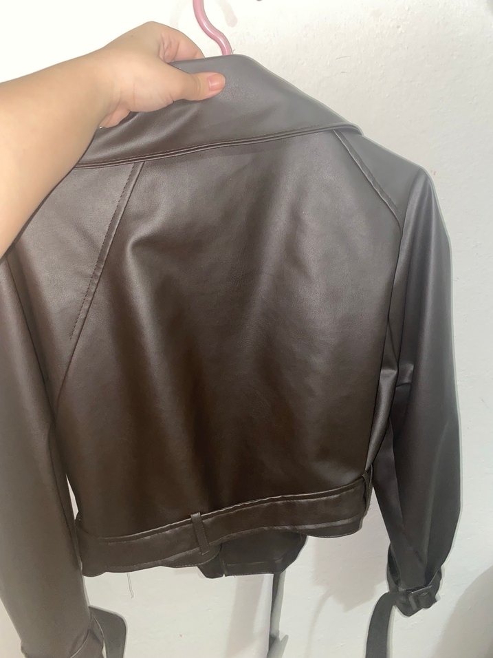 Kadın acı kahve  Kemerli Deri Ceket - Görsel 4