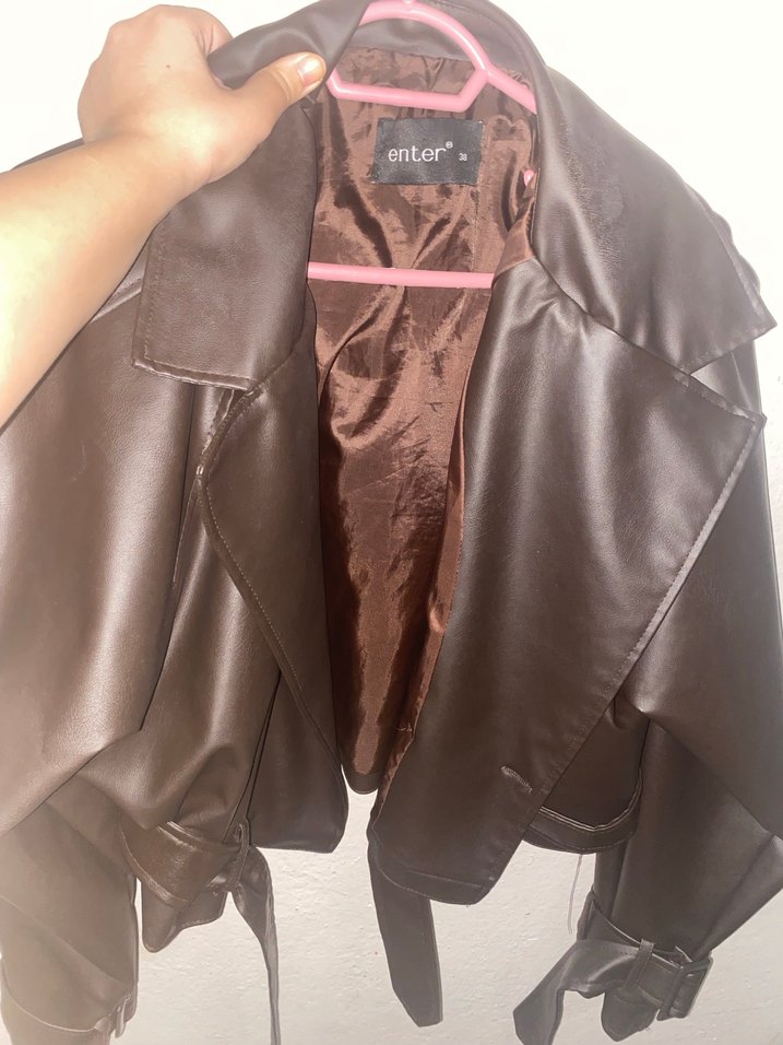 Kadın acı kahve  Kemerli Deri Ceket - Görsel 2