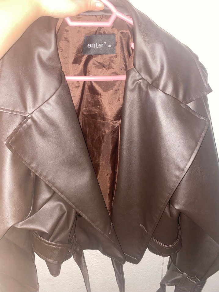 Kadın acı kahve  Kemerli Deri Ceket - Görsel 3