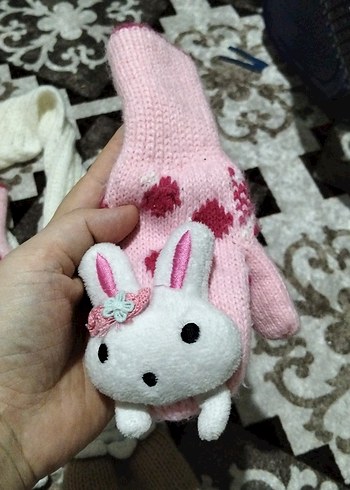 Pembe Nakışlı Örgü Çocuk Eldiveni - Görsel 2