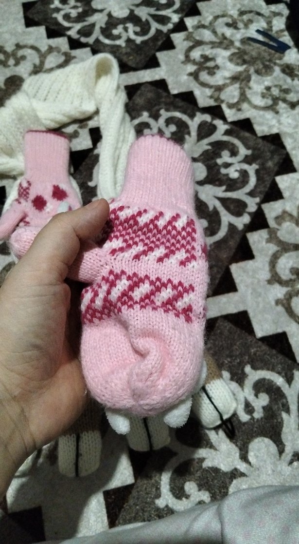 Pembe Nakışlı Örgü Çocuk Eldiveni - Görsel 3