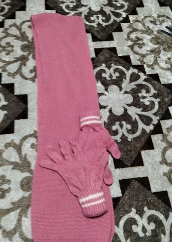 Kız Çocuk Pembe Örgü Eldiven ve Atkı Seti - Görsel 3