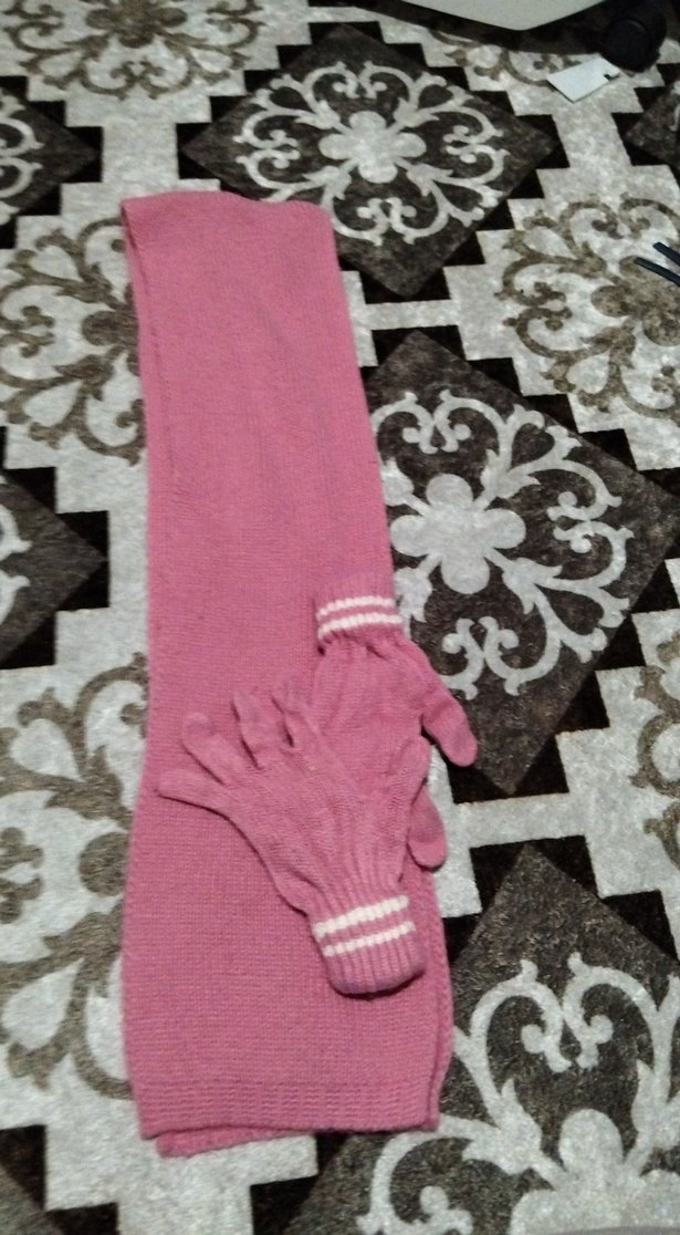 Kız Çocuk Pembe Örgü Eldiven ve Atkı Seti - Görsel 3