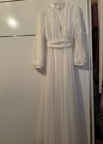 Beyaz Uzun Drapeli Kadın Elbise - Görsel 3