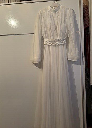 Beyaz Uzun Drapeli Kadın Elbise - Görsel 5