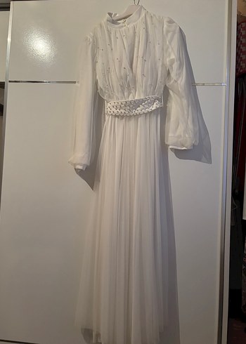 Beyaz Uzun Drapeli Kadın Elbise - Görsel 2