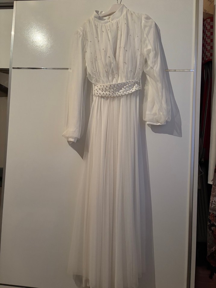 Beyaz Uzun Drapeli Kadın Elbise - Görsel 2