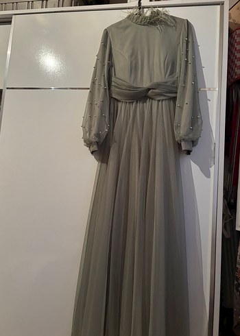 Uzun Kollu Gri Drapeli Kadın Abiye Elbise - Görsel 2