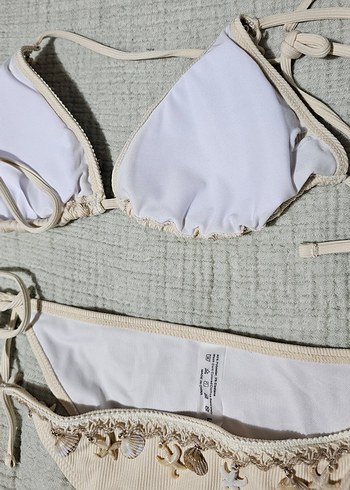 m Beden Deniz kabuğu Boncuk Detaylı Krem Bohem Bikini