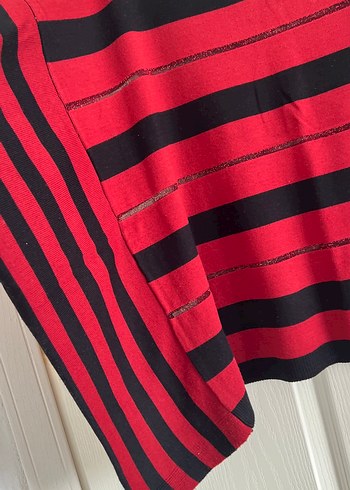 Kırmızı Siyah Çizgili Kadın Triko panço - Görsel 3