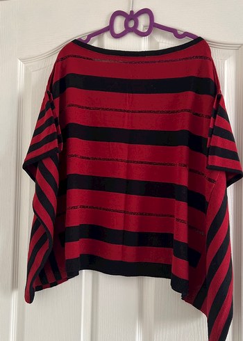 Kırmızı Siyah Çizgili Kadın Triko panço - Görsel 4