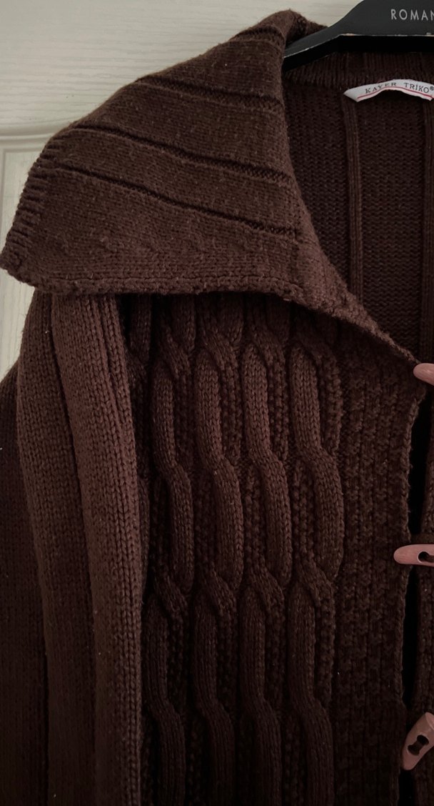 Uzun Kahverengi Triko Kadın Hırka - Görsel 2