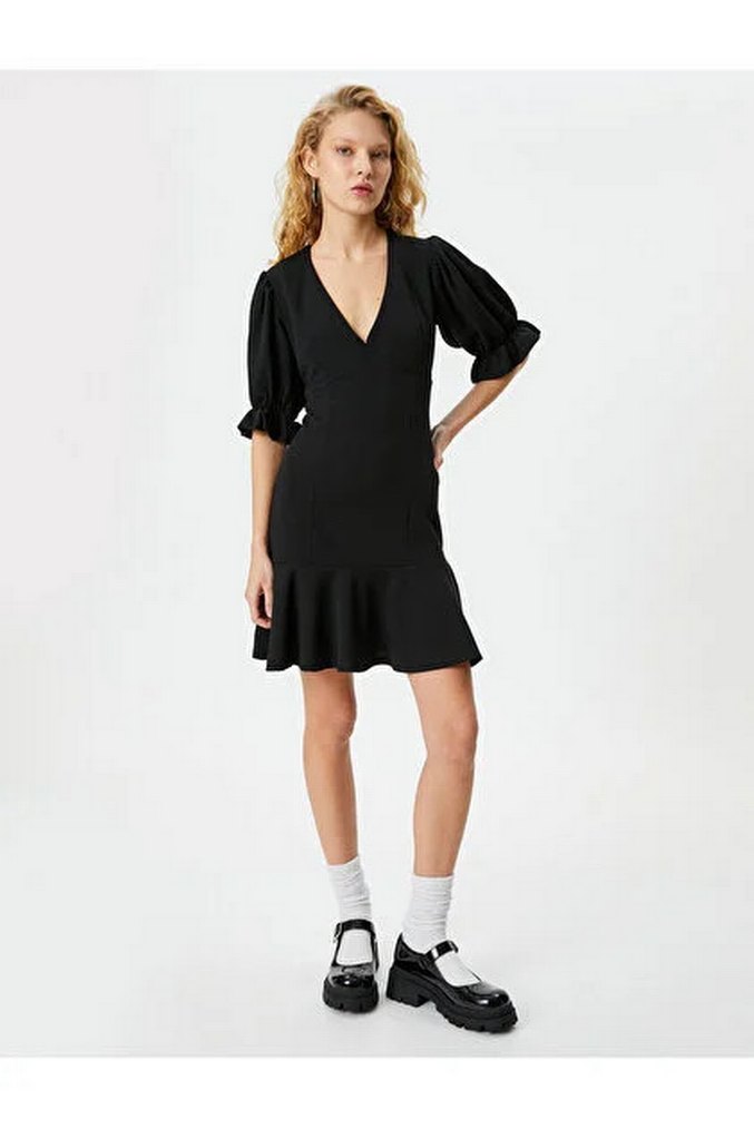 Siyah V Yaka Mini Elbise - Görsel 2