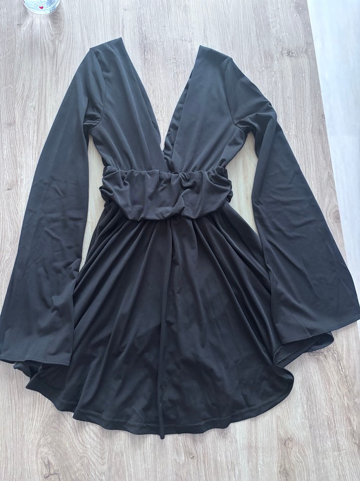 Siyah V Yaka Uzun Kollu Mini Elbise - Görsel 4