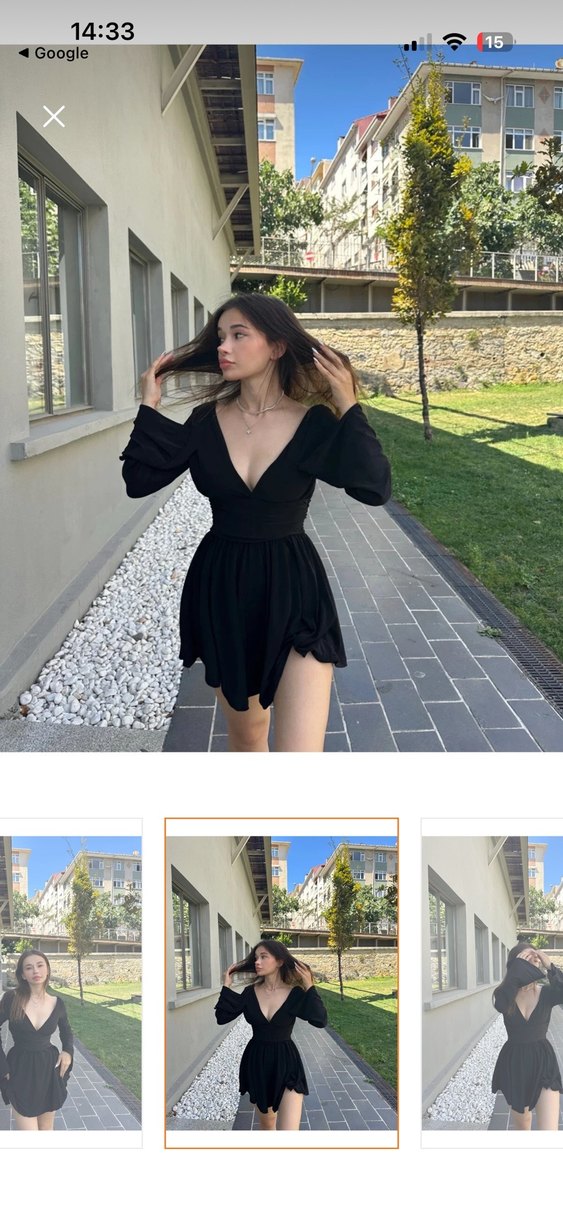 Siyah V Yaka Uzun Kollu Mini Elbise - Görsel 2