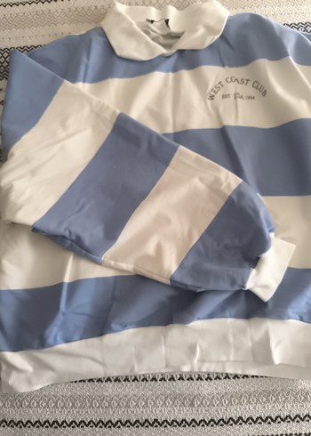 bayan Mavi Çizgili Polo Yaka Sweatshirt - Görsel 4