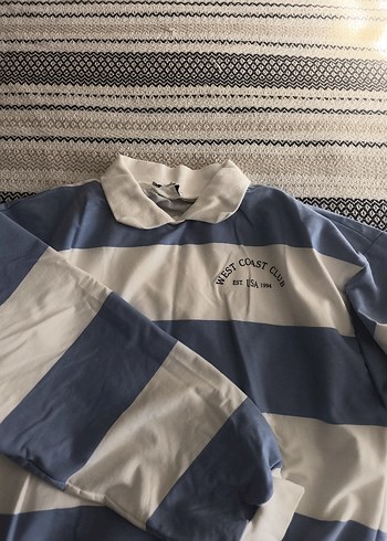 bayan Mavi Çizgili Polo Yaka Sweatshirt - Görsel 2