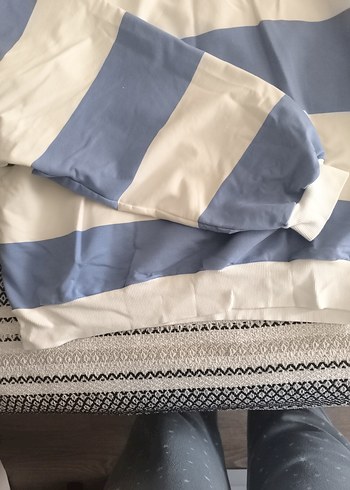 bayan Mavi Çizgili Polo Yaka Sweatshirt - Görsel 5