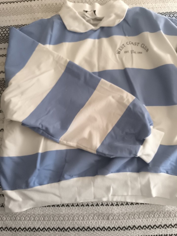 bayan Mavi Çizgili Polo Yaka Sweatshirt - Görsel 4