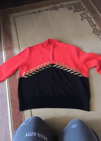 Kırmızı Siyah Yüksek Yakalı Kadın Triko Sweatshirt