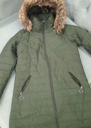 Kapüşonlu Kürklü Yeşil Kadın Kışlık Mont - Görsel 2