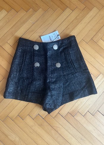 Zara Düğmeli Gri Yüksek Bel Mini Şort-Etek