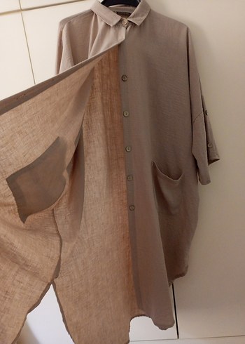 Bej Kadın Uzun Bol Kesim Gömlek Elbise - Görsel 6