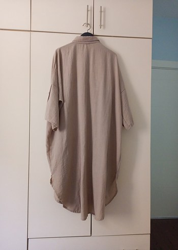 Bej Kadın Uzun Bol Kesim Gömlek Elbise - Görsel 7