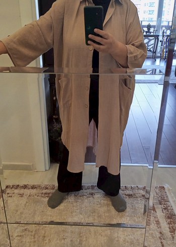 Bej Kadın Uzun Bol Kesim Gömlek Elbise - Görsel 9