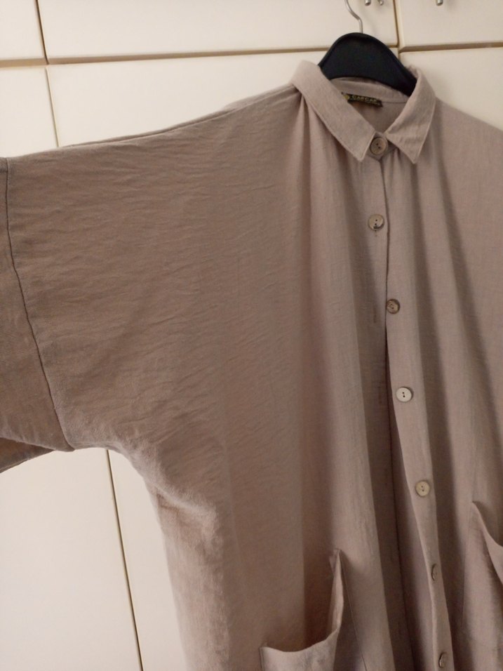 Bej Kadın Uzun Bol Kesim Gömlek Elbise - Görsel 4