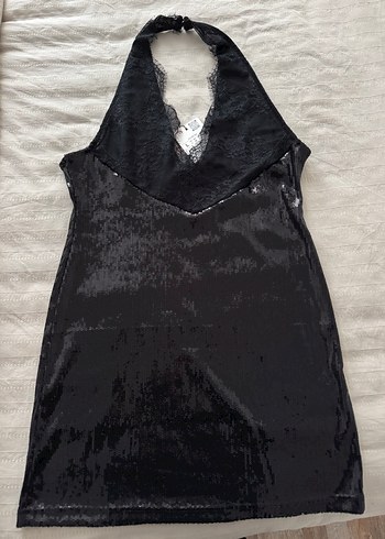 Siyah Dantel Detaylı Pullu Mini Elbise - Görsel 6