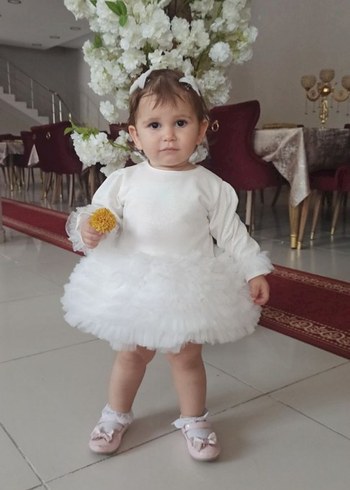 Beyaz Fırfırlı Uzun Kollu Bebek Elbise gelinlik
