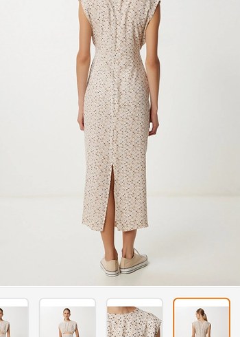 Bej Uzun Bağlamalı Midi Keten Elbise - Görsel 2