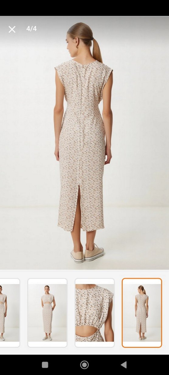 Bej Uzun Bağlamalı Midi Keten Elbise - Görsel 2