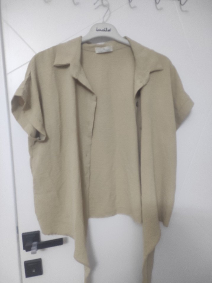 Bej Keten Kısa Kollu Gömlek - Görsel 2