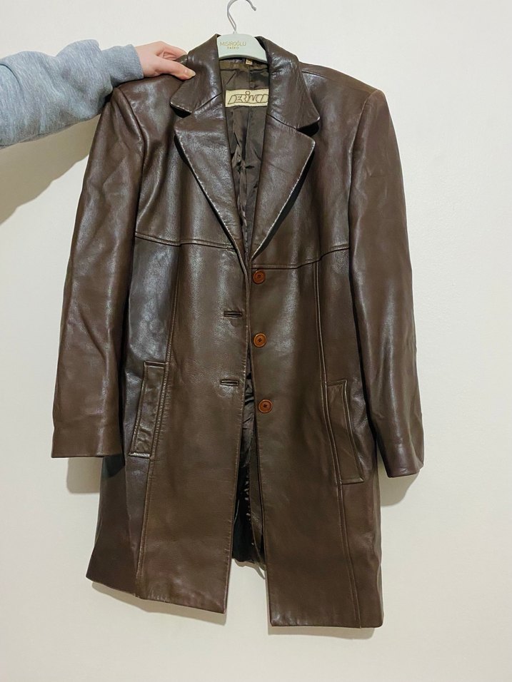 Düğmeli Kahverengi Deri Kadın Ceket - Görsel 3