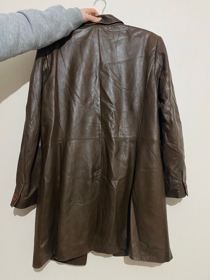 Düğmeli Kahverengi Deri Kadın Ceket - Görsel 4